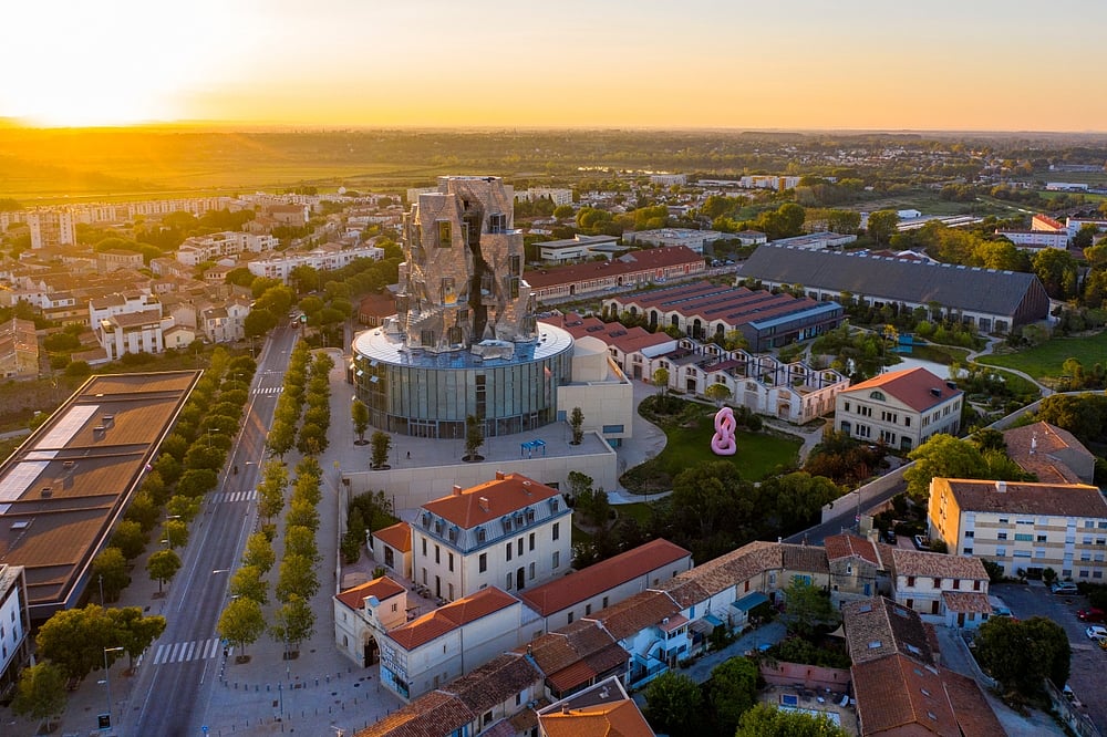 Aerial view of the Luma Arles Arts Centre, tower building designed by the architect Frank Gehry